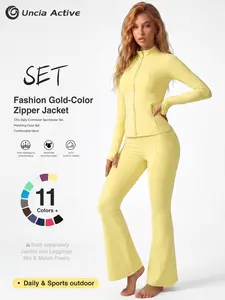 【Gold-Color zipper】Uncia Active Women Fashion Gold Zipper Yoga Jacket & High Waist Flared Leggings Separates Set, Soft Moisture Wicking Stretch Athletic Matching Outfit, Skin-Friendly Sports Activewear for Gym Running Daily Commuter,  Match Separates