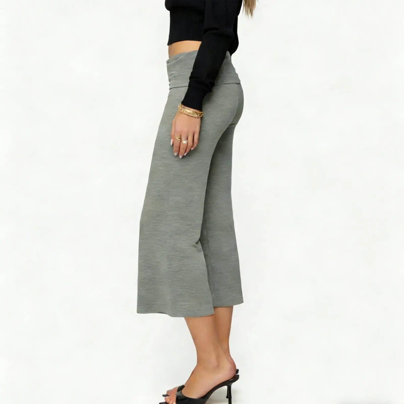 Casual Wide-Leg Culottes for Women - Fold-Over Waist Cropped Pants, Minimalist Chic Design for Work & Weekend, Stretchy Soft Knit Fabric