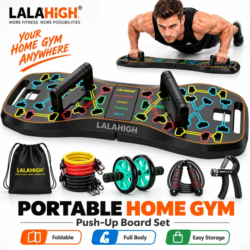 LALAHIGH Foldable Push Up Board Set - Portable Core Exercise Equipment with Resistance Bands, Home Workout & Gym Training Equipment for Chest, Shoulders, Arms to Build Strength