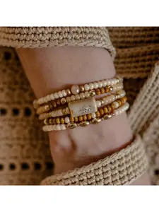 Bohemian Polymer Clay & Seed Bead Bracelet Set, Stackable Wristband with Gold Tone Accents