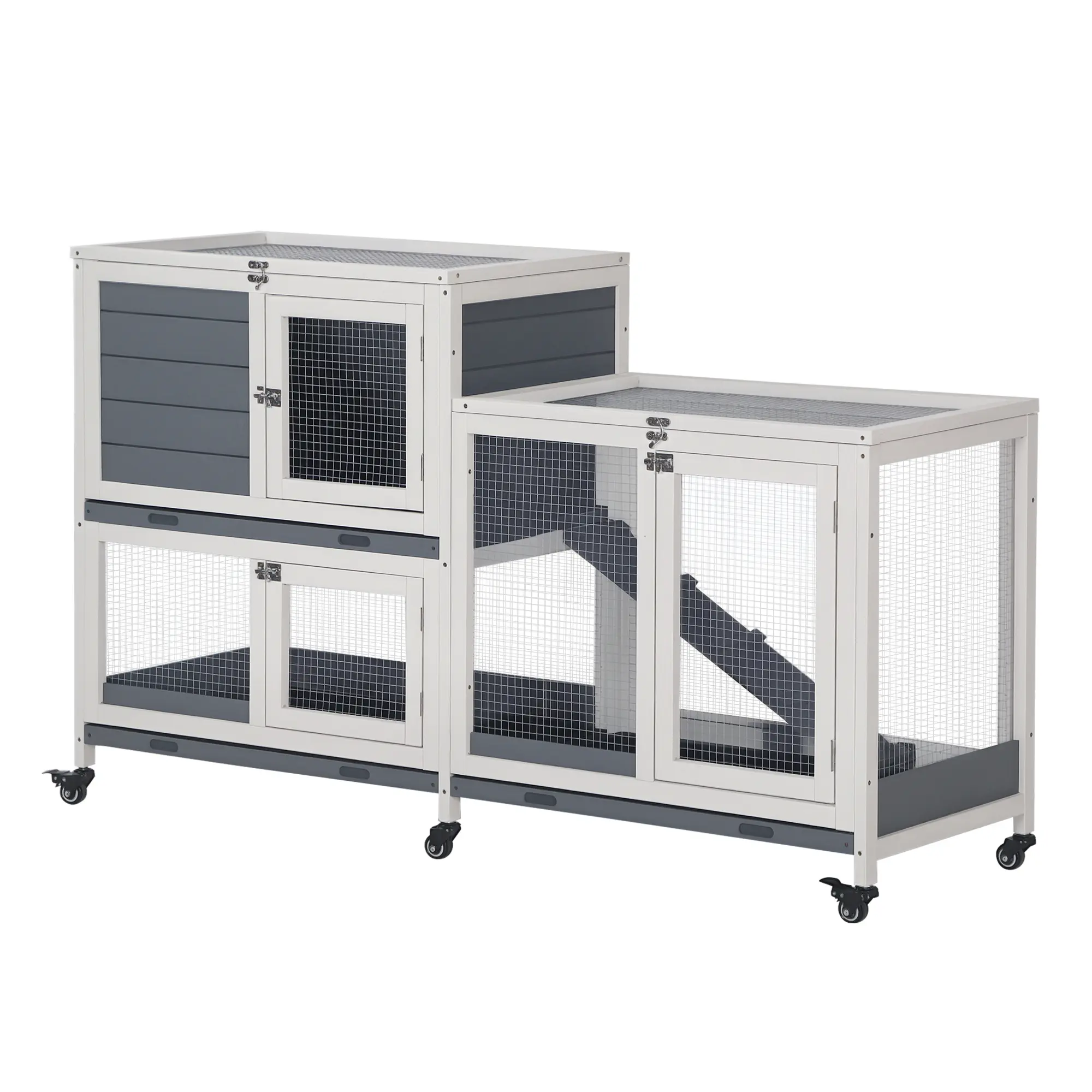 PawHut Wooden Rabbit Hutch Bunny Hutch Elevated Pet House Cage Small Animal Habitat with No Leak Tray Lockable Door Openable Top for Indoor 57.75" x 18" x 32.5" Grey