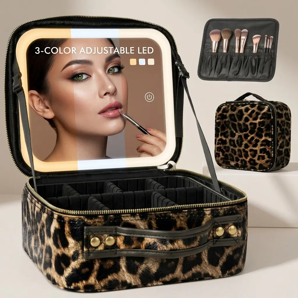Leopard Makeup Bag with LED Mirror, 3 Color Light Modes, Travel Makeup Bag, Portable Cosmetic Organizer, Adjustable Dividers Organizer, Compact Storage Case for Makeup Tools, Large Capacity, Gift for Her skincare
