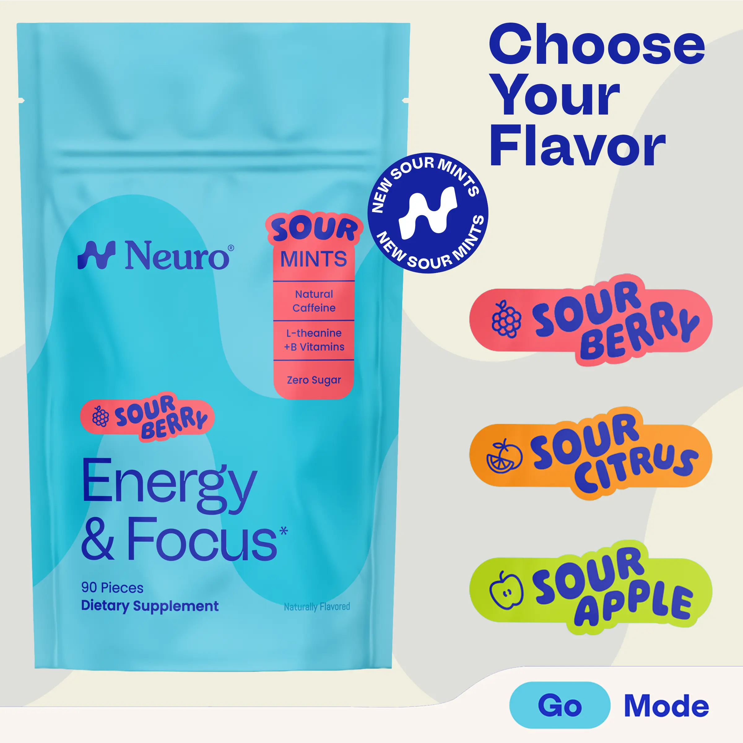 Neuro Energy & Focus Sour Mints (90 Pieces) - Sugar Free with Natural Caffeine, L-theanine, Vitamin B12 & Vitamin B6 - Choose Your Flavor