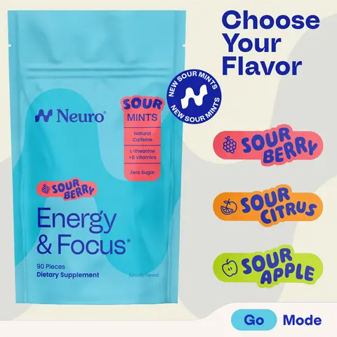Neuro Energy & Focus Sour Mints (90 Pieces) - Sugar Free with Natural Caffeine, L-theanine, Vitamin B12 & Vitamin B6 - Choose Your Flavor