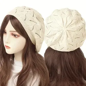 Women Hollow Out Knitted Beret Hat Spring Autumn Elastic Crochet Beanies for Lady Casual Solid Color Painter Artist Caps