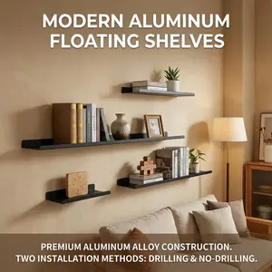 2pcs Floating Shelves Wall Mounted Organizer Aluminum Material, No-Drill Installation, Suitable for Kitchen, Study Room, Bathroom
