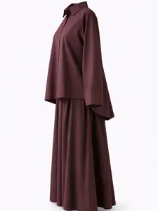 Cotton Modest Abaya Shirt & Maxi Skirt Set Loose Fit Blouse Flowing Skirt Muslim Hijabi Two Piece Outfit Brown