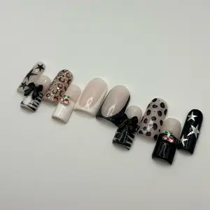 Y2K Black and white cherry’s 2000s French tip press on nails