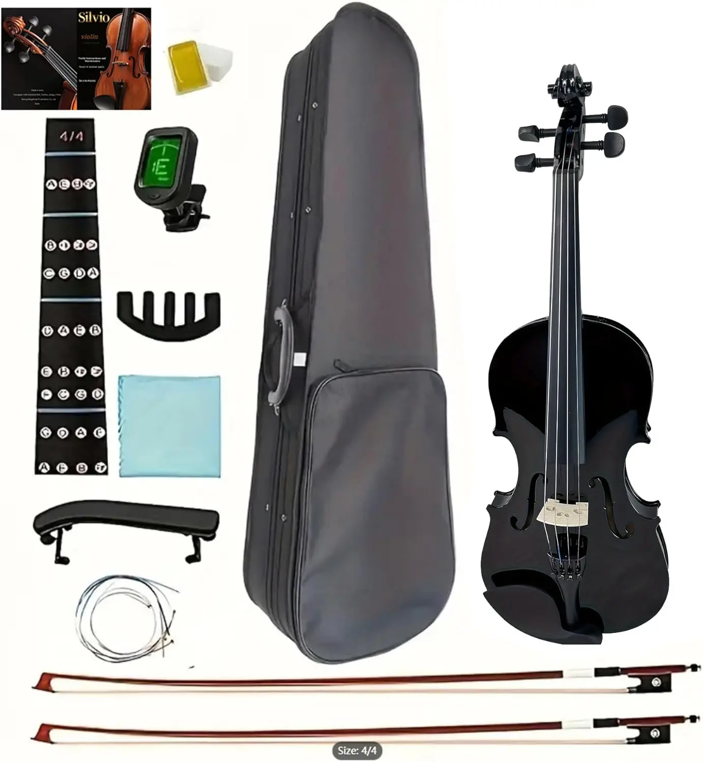 Silvio 4/4 Acoustic Black Violin Full Size for Beginners Includes Case Tuner Rosin Shoulder Rest 2 Bows Spare Strings Mute Suitable for Adults and Beginners