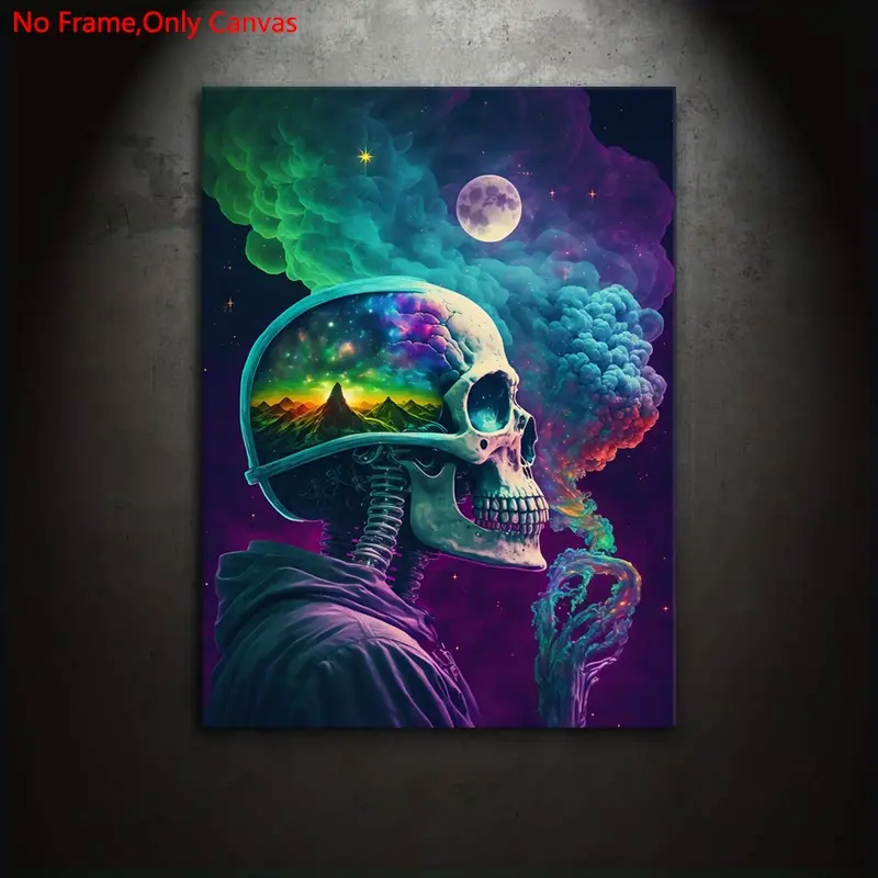 1 piece/set of frameless canvas painting print poster, surreal art, abstract art decor, skull smoke, Creative Design Print, perfect gift for psychedelic art lovers, ideal gift for bedroom, living room, mural, wall & room decoration