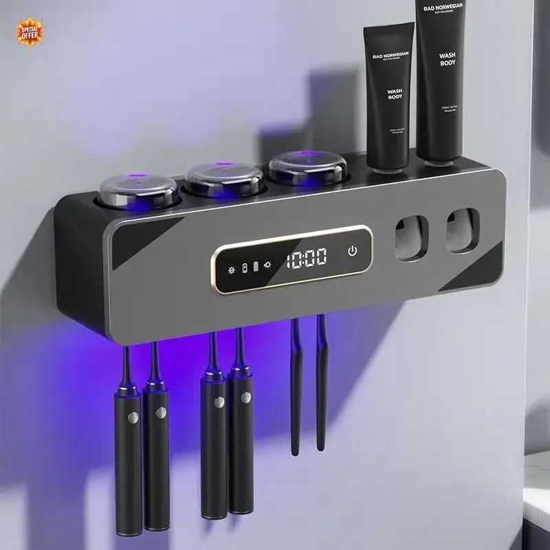 Smart Cleaning Toothbrush Holder with 2 Automatic Toothpaste Dispensers - Wall Mounted Bathroom Organizer, 3 Cups 6 Slots, Includes 5ft Charging Cable
