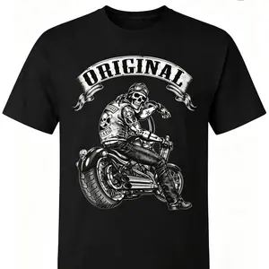 100% Cotton Men Oversized Skeleton Biker Motorcycle Graphic Tee, Vintage Acid Wash Retro Chopper Punk Streetwear Short Sleeve Summer Essential