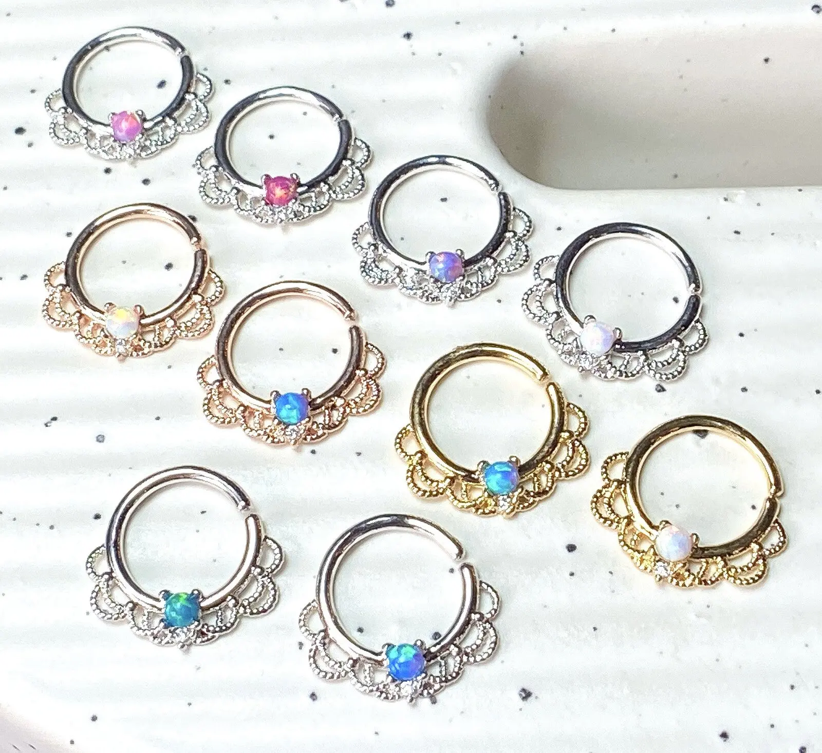 1pc Opal Filigree Hoop Ring for Nose Septum Daith Rook Tragus Ear Cartilage