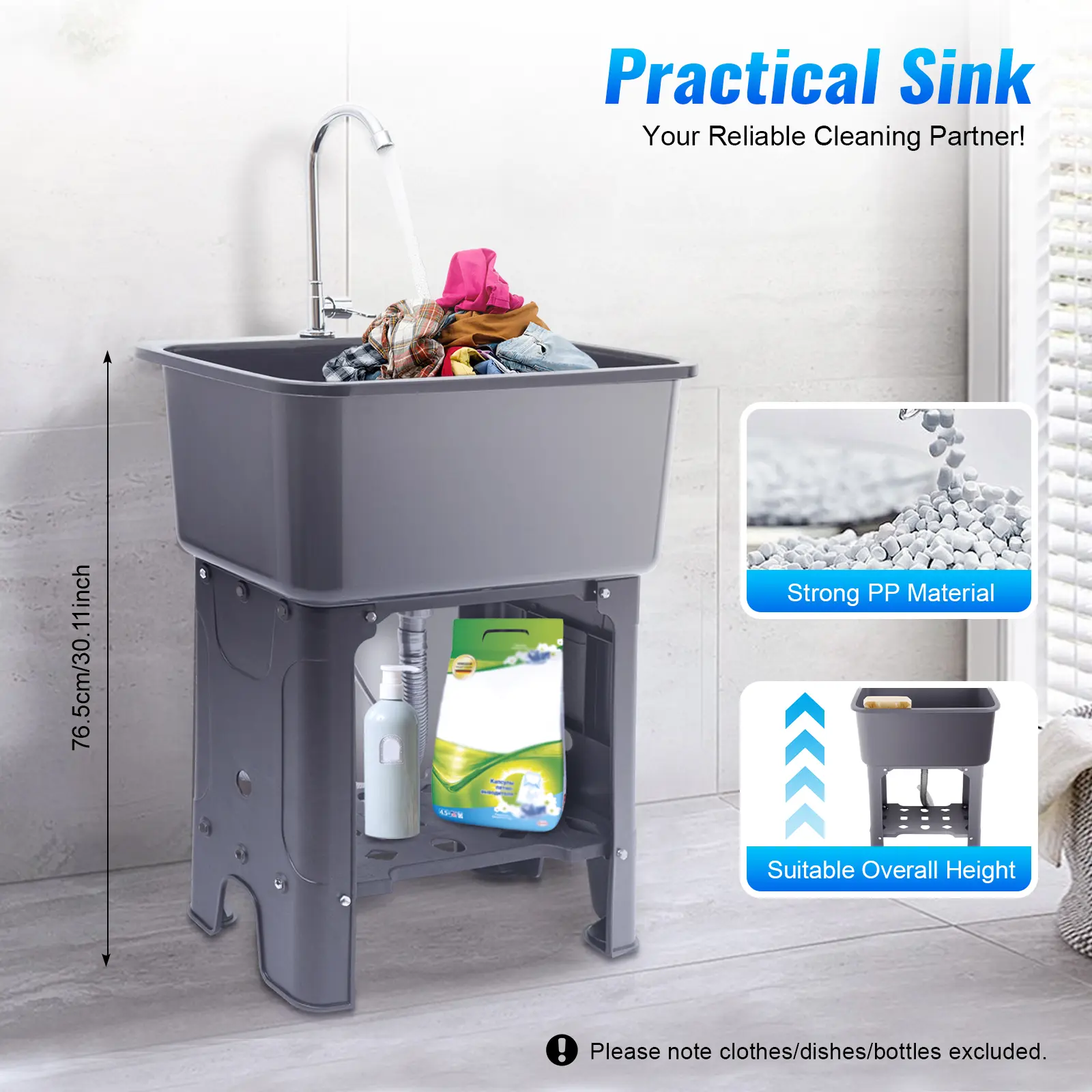 CNCEST Freestanding Washing Sink, 360° Rotating Faucet, Gray PP Material, 48L Capacity, Modern Design, Ideal for Laundry & Kitchen Use (Home Improvement Kitchen Fixture)