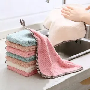 Ultra-Absorbent Coral Velvet Kitchen Towels – Pink with Checkered Trim, Pineapple Texture & Hanging Loop for Dishwashing, Hand Drying & Countertop Cleaning