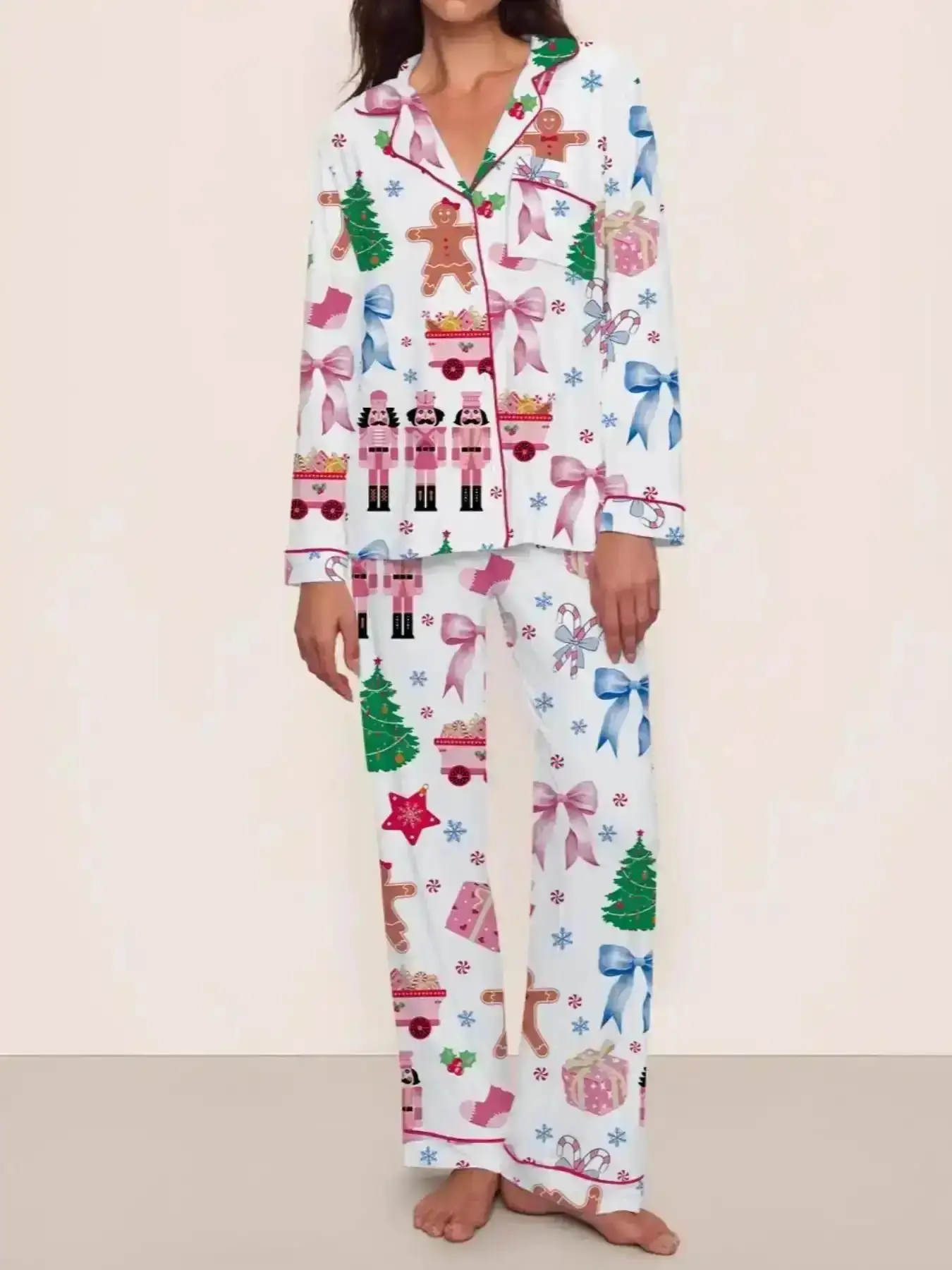 Elegant Chrisas PajamasWomen's Pajama Set, Long Sleeve Casual Loungewear, Elastic Waist Pants, Elegant Cute Holiday Nightwear, Date Night, Stylish, Event Wear, Party Ready, Flexible Fit, Daily Wear, Adjustable