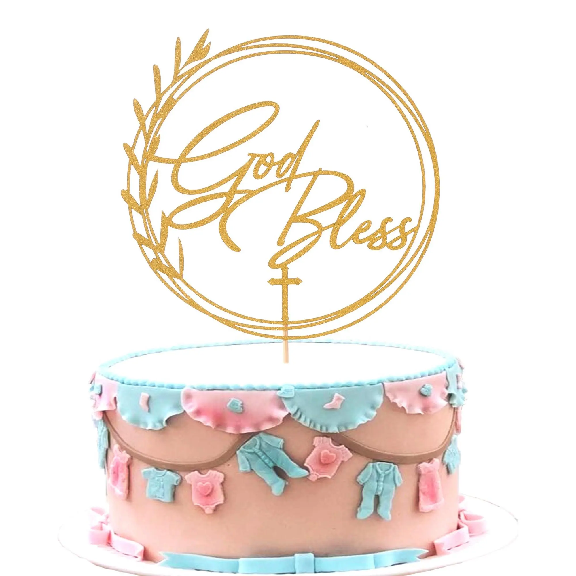Golden Glitter God Bless Cake Topper - First Communion Decoration  Wreath Baptism Religious Party