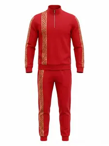 Men's fashion red and gold trimmed half-zipper sweater set, unique paper print to create a casual image of a man, adult casual wear in all seasons, high-quality fabric texture, suitable for gift-giving travel Style Icon Set