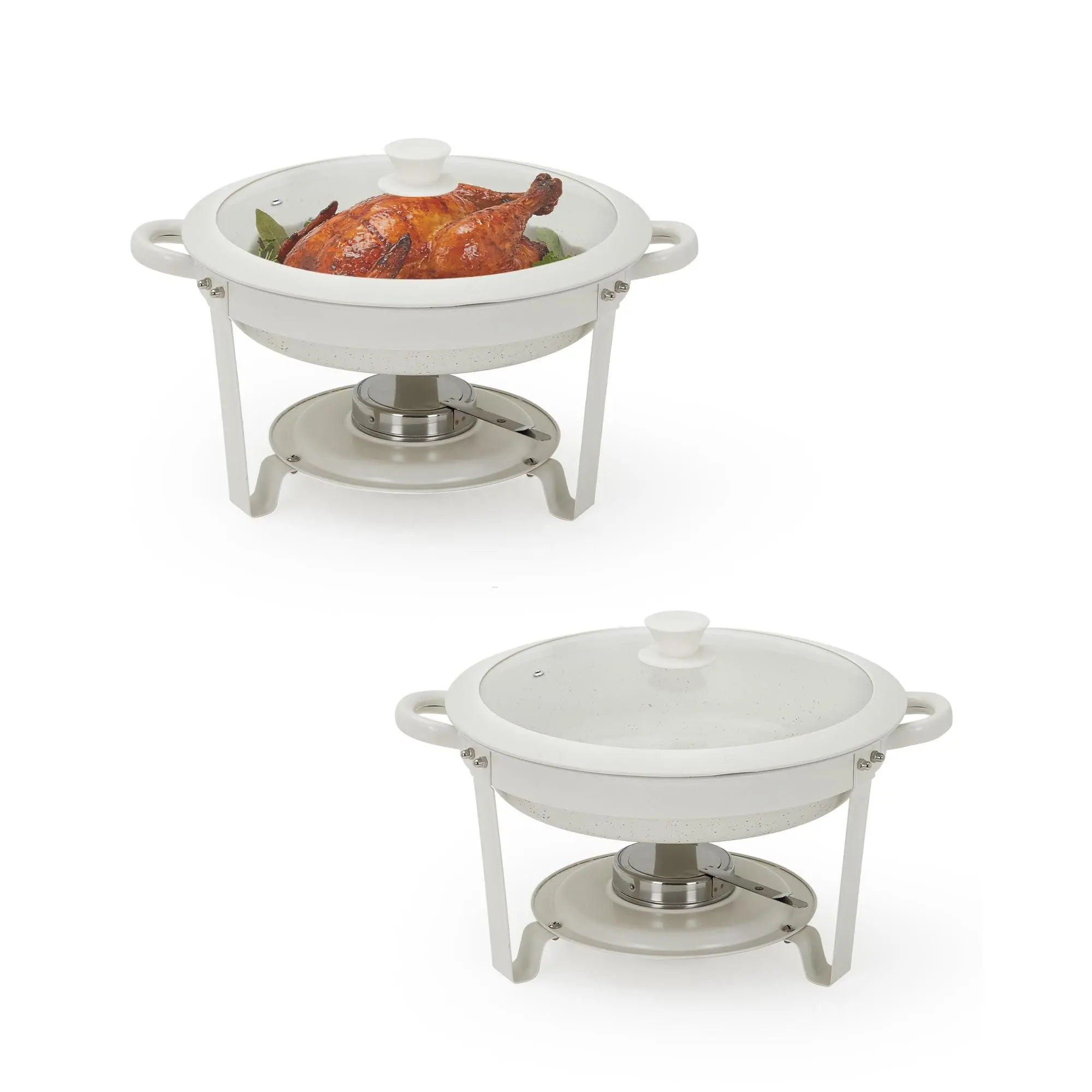GARVEE 2-Pack 5.3QT Sturdy Nonstick Maifanite-Coated Round Chafing Dishes, White Stainless Steel Commercial Food Warmers with Transparent Lids & Covers, Stackable for Buffets, Weddings, Cover