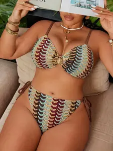 Vintage Fish Scale Crochet Women's Bikini Two-Piece Swimsuit, Adjustable Side Straps, Colorblock Shoulder Straps, Beach Vacation Swimwear