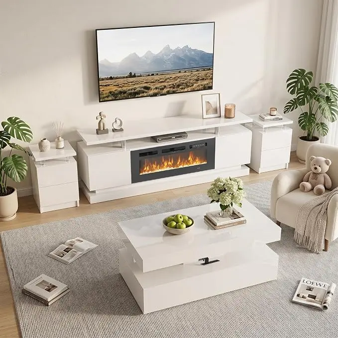 Fireplace TV Stand RGB LED Lights, 4-Piece Living Room Furniture Set with High Gloss White LED Coffee Table and 2 End Tables with Storage Drawers, 70" Electric Fireplace TV Console