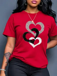 Women's Summer Casual Print Heart Pattern Round Neck Short Sleeve Top, Lady's Fashionable Sporty Style Womenswear Tee for All Seasons