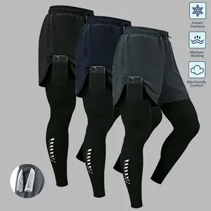 Men's 2-in-1 Compression Workout Leggings, Quick Dry Elastic Waist Running Pants with Phone Pocket, Perfect for Gym Fitness & Outdoor Activities tapered sweatpants