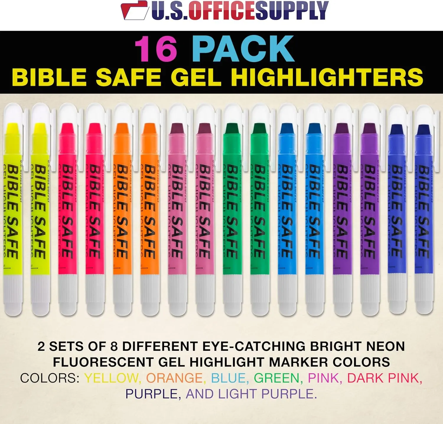 U.S. Office Supply Bible Safe Highlighter Set of 16, 2 Sets of 8 Bright Flouresent Colors, Dry Bible Highlighters No Bleed, Fade or Smear, Safe Gel Markers, Accessories, Study Guide