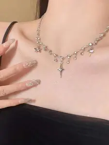 Tassel Rhinestone Star Decor Pendant Necklace for Women, Exquisite Trendy Necklace, Chic Jewelry for Party & Daily Clothing Decor