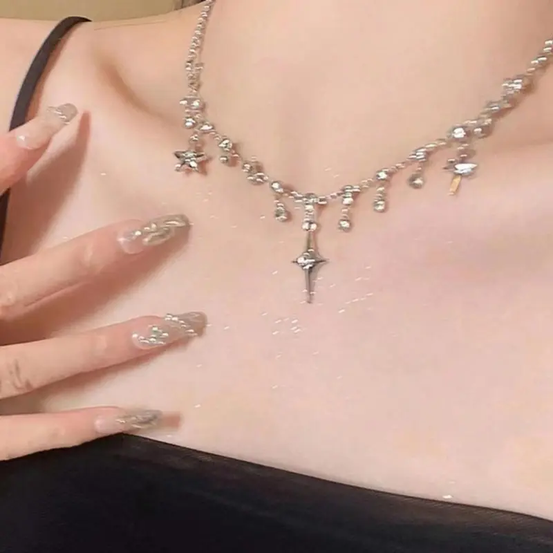 Tassel Rhinestone Star Decor Pendant Necklace for Women, Exquisite Trendy Necklace, Decorative Necklace, Chic Jewelry for Party & Daily Clothing Decor, Boho Style Necklace, Rhinestone Decorated Necklace