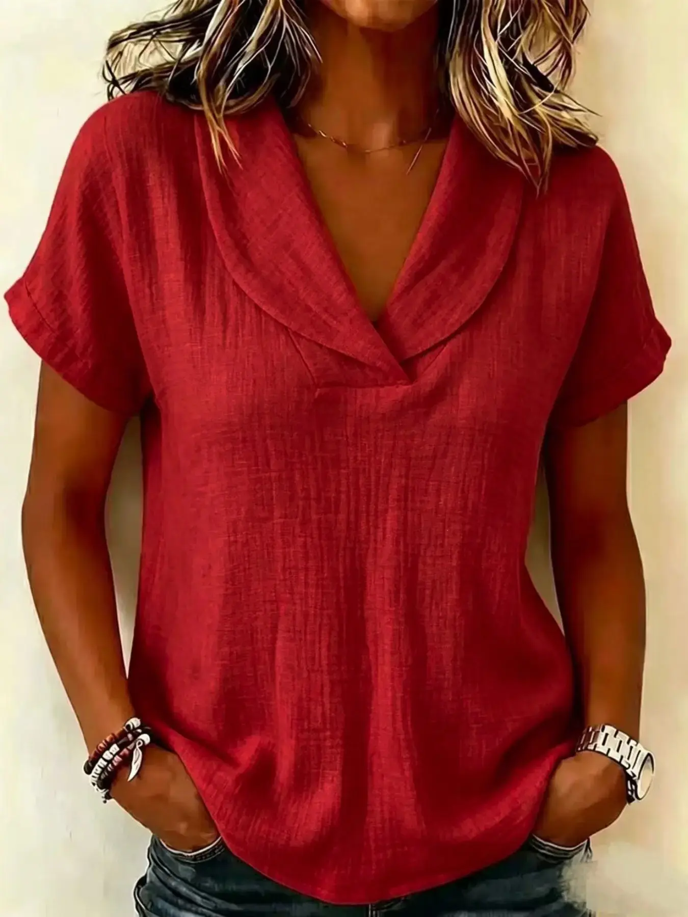 Summer Short Sleeve Top Butterfly Collar Solid Color Casual Basic Women's T-Shirt, Casual Stylish Tee, Comfortable and Stylish Summer Wear, Perfect for Daily
