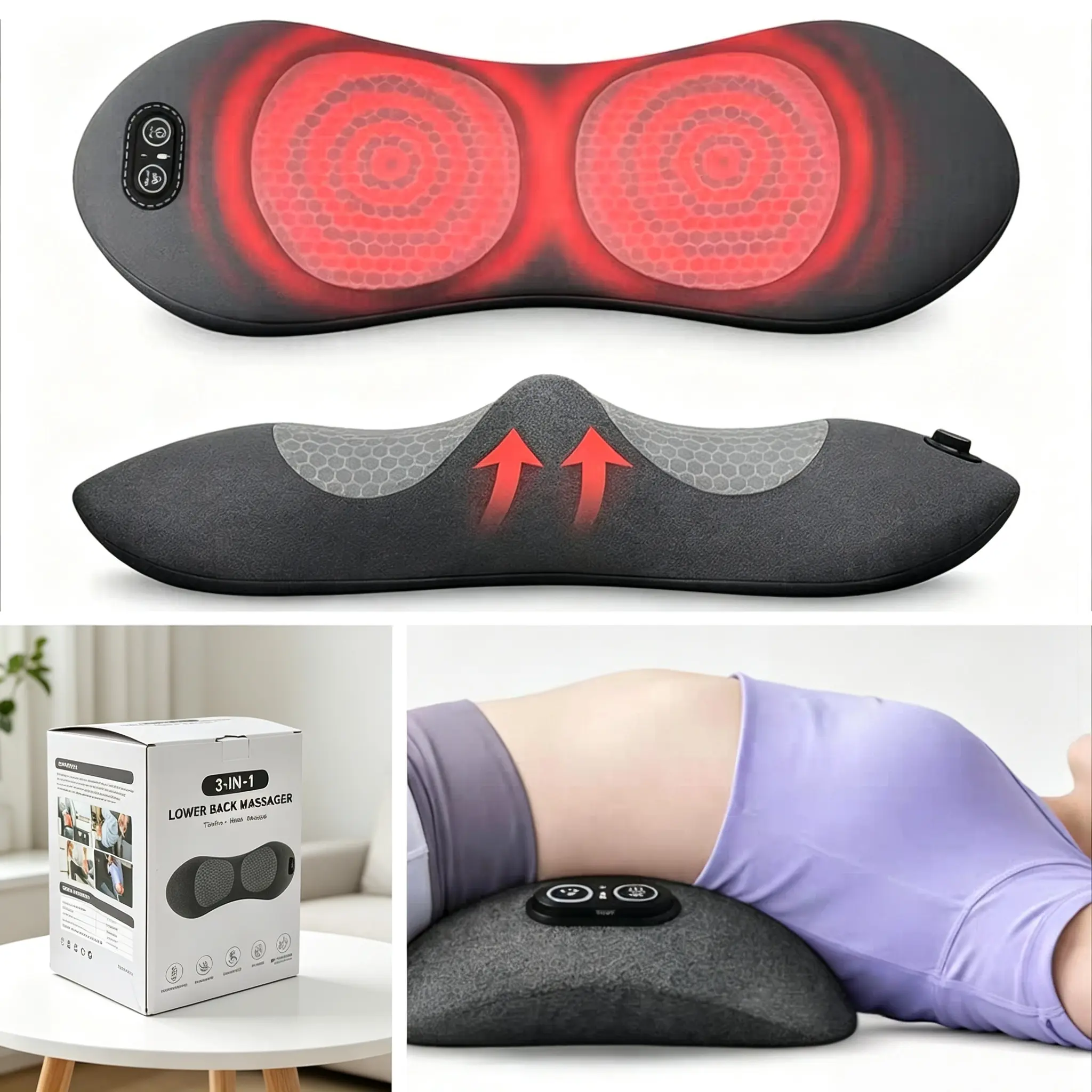 Heated 3-in-1 Stretch Comfort Massage Lumbar Support Cushion - Deep Tissue Relaxation, Back Relief, Car & Sofa Ready, Dark Gray Therapy Cushion for Home, Office