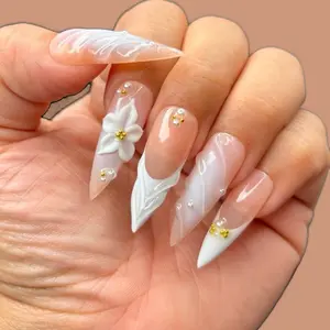 White Heaven 3D Flower Press On Nails with Elegant White Floral Design & Sparkling Accents Glossy Finish for Any Occasion