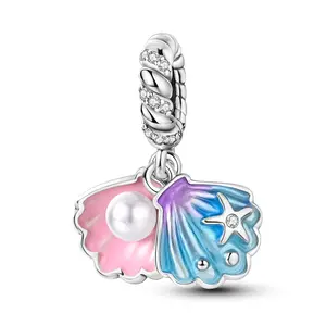 MULA 925 Sterling Silver Magic Shell Pearl Pendant | Ocean Style Enamel and Dazzling Zirconia | Elegant Nautical Jewelry | Perfect for Pandora Bracelets and Necklaces | Perfect Gift for Ocean Lovers
