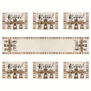 1/7pcs Easter Table Runner  Table Mats with "He is Risen" Design, Spring Holiday Decor for Indoor/Outdoor Dining, Festive Table Setting | Spring Holiday Decor | Table Mats, Easter Decorations