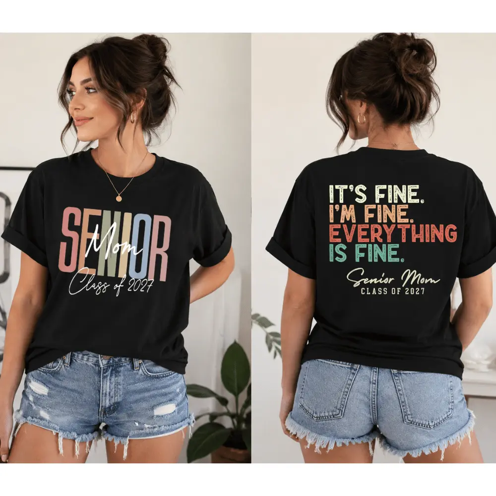 Senior Mom 2027 T-Shirt, Class of 2027 Mom Graphic Tee,t's Fine I'm Fine Everything Fine Senior Mom Class of 2027 T-Shirt, Graduation Gift for Mom, Funny 2027 Graduate Mama Shirt Graphic Tee Short Sleeve Crewneck Top ,Soft Cotton Tee