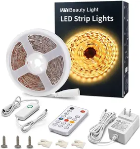 LED Strip Lights Warm White,16.4ft Dimmable LED Light Strip with RF Remote,300 Bright 3000K 2835 LEDs,Plug-in Adhesive Rope Lights with Timing Mode for Living Room Bedroom Kitchen