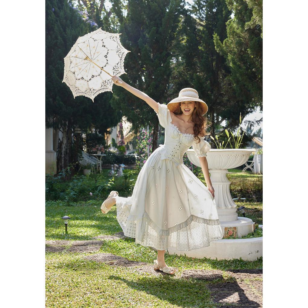 "I Flipped" Corset Dress - Heartache Design Retro Pastoral Style 100% Cotton Shell with Fishbone Support for Attractive Curves White Fashion graduation dress