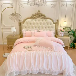 Pink Romantic Ruffle Lace Bedding Set 2 Piece Comforter Twin Duvet Cover with Zipper Closure,Aesthetic Room Decor for Girls Pink Twin Size
