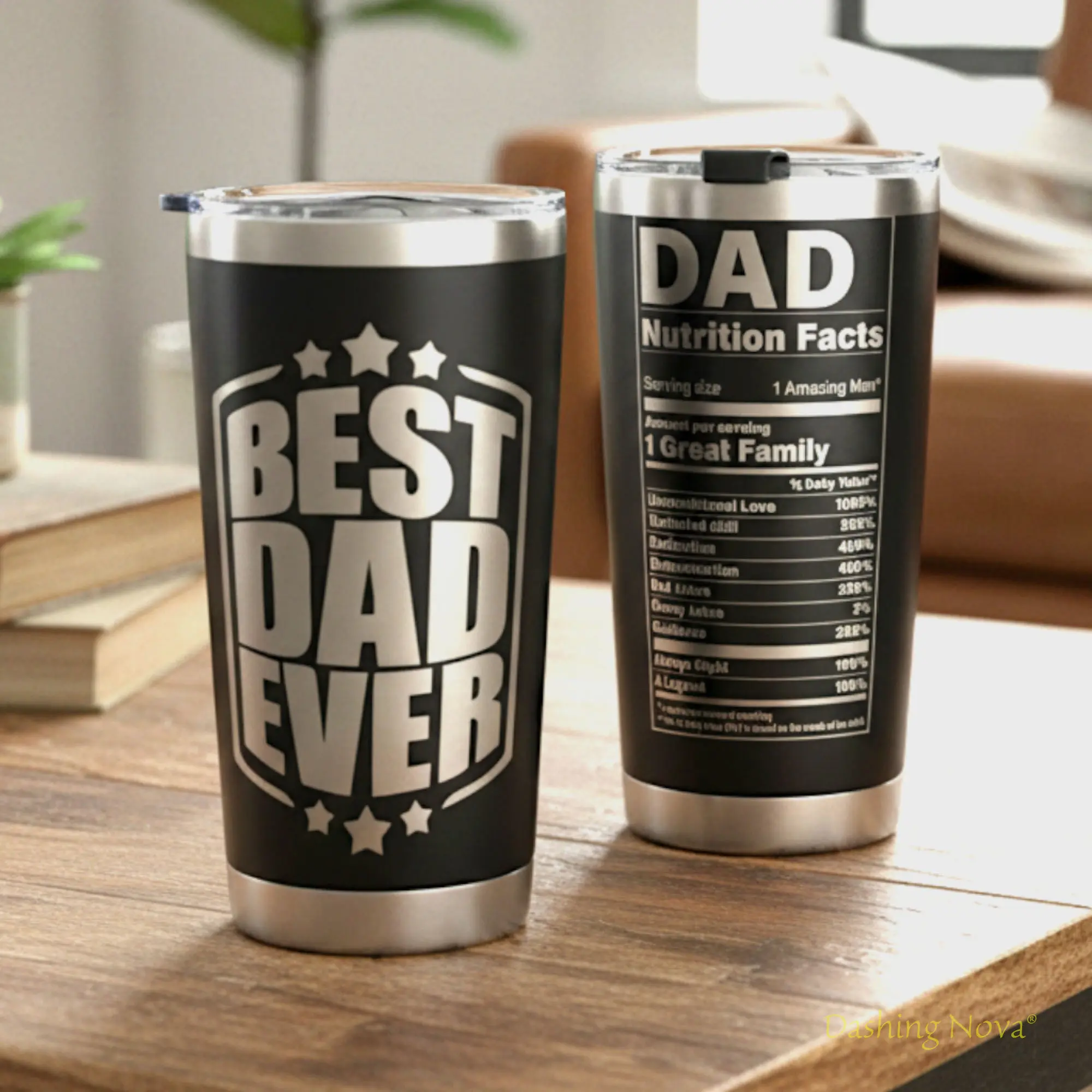 Dashing Nova 20oz Insulated Stainless Steel Flask Tumbler - Reusable, Portable, Stylish Double-Wall Travel Mug with Laser Engraving - Best Dad Ever Nutrition Facts Gift for Father's Day, Birthday, Flasks, Tumbler Reusable Cup