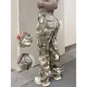 Women's Camo Cargo Pants High Waisted Multi Pocket Wide Leg Streetwear Trousers