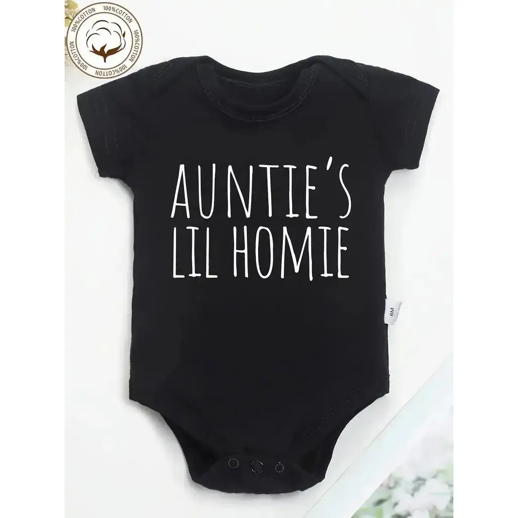 100% Pure Cotton Baby Onesies Auntie'S Lil Homie Letter Print Soft Casual Round Neck Baby Onesies, for Outdoor
