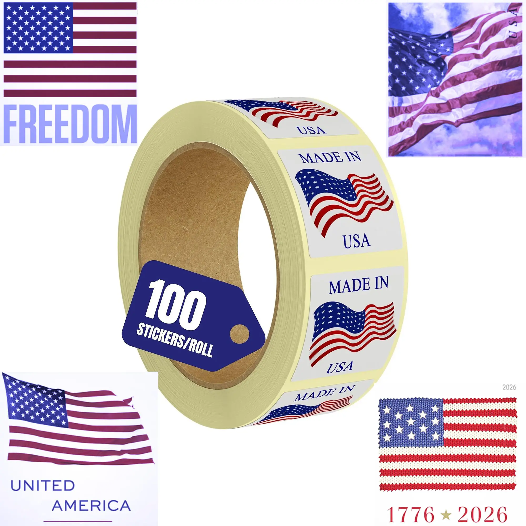 American Flag Stickers Glossy Paper, 100 PCS Per Roll Vinyl Decal United States Flag Sticker for Product Labeling (1 Roll)