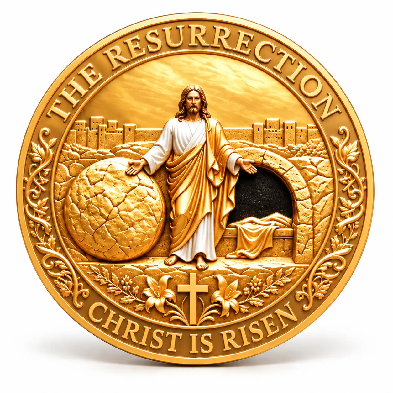 1-Count Cross & Resurrection Memorial Alloy Coin, Relief Decorative Keepsake Gift, Religious Easter Ornament, Home & Church Decor Collectible for Family Gatherings