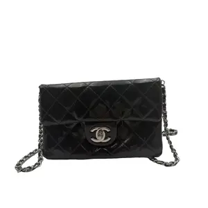 Pre-owned CHANEL FRANCE Crossbody Bags H1 black patent leather silver buckle chain WOC bag H22835