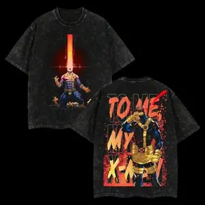 Oversized Retro Washed T-Shirt, Double-Sided Laser Eye Hero & Graffiti Text Graphic, Unisex Casual Streetwear Tee for Men Women, Perfect for Outdoor & Daily Wear