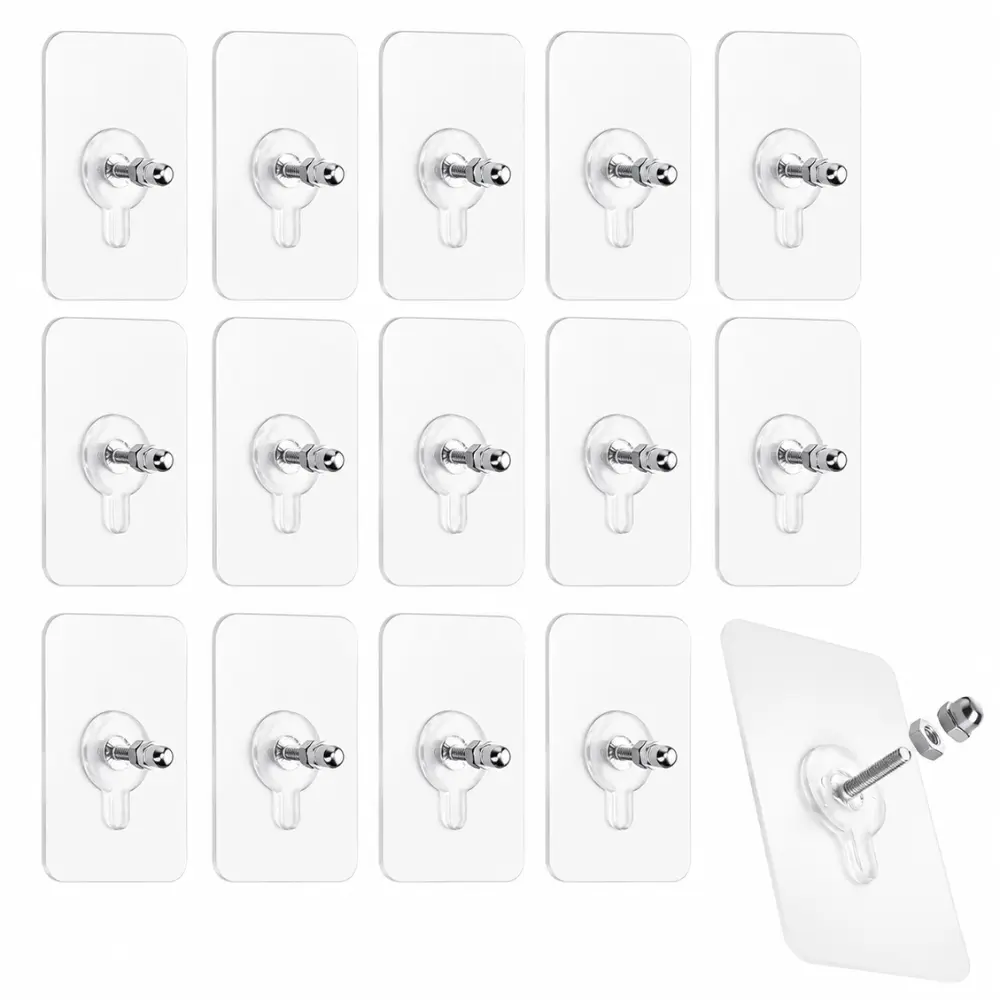 15PCS No Drill Wall Mount Hanger Stickers Acrylic & Steel Self Adhesive Wall Hooks Heavy Duty Bolt & Screw Cap Mounts for Shelves Photo Frames Storage Racks Home Organization