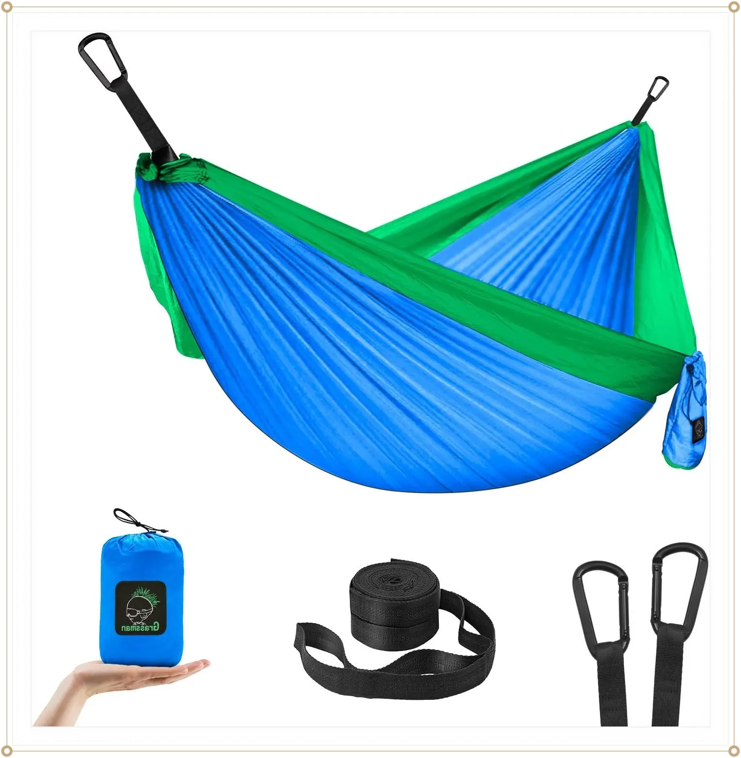 GRASSMAN Kids Hammock-Small Camping hammocks, Portable Camping Gear for Child Indoor/Outdoor use, with Tree Straps & Carabiners Blue & GreenGift