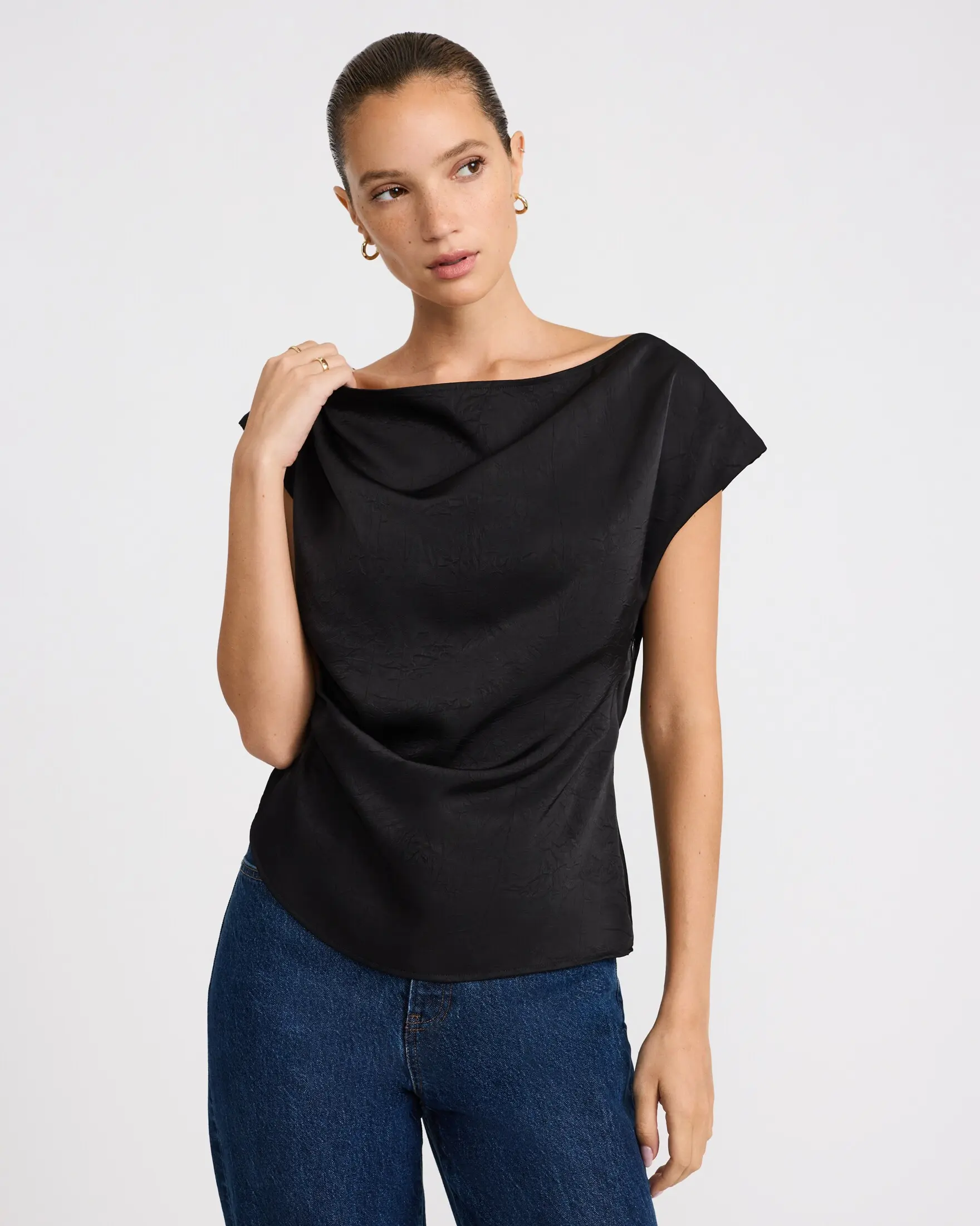 Express Satin Textured One Shoulder Draped Top