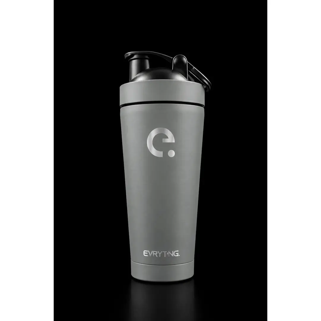 EVRYTNG Iron Rain — Gray Stainless Steel Insulated Shaker Bottle, Premium 25 oz Protein Shaker Cup with Stainless Steel Mixing Ball, Leakproof Vacuum Insulated Gym Water Bottle for Protein Powder, Pre-Workout & Fitness